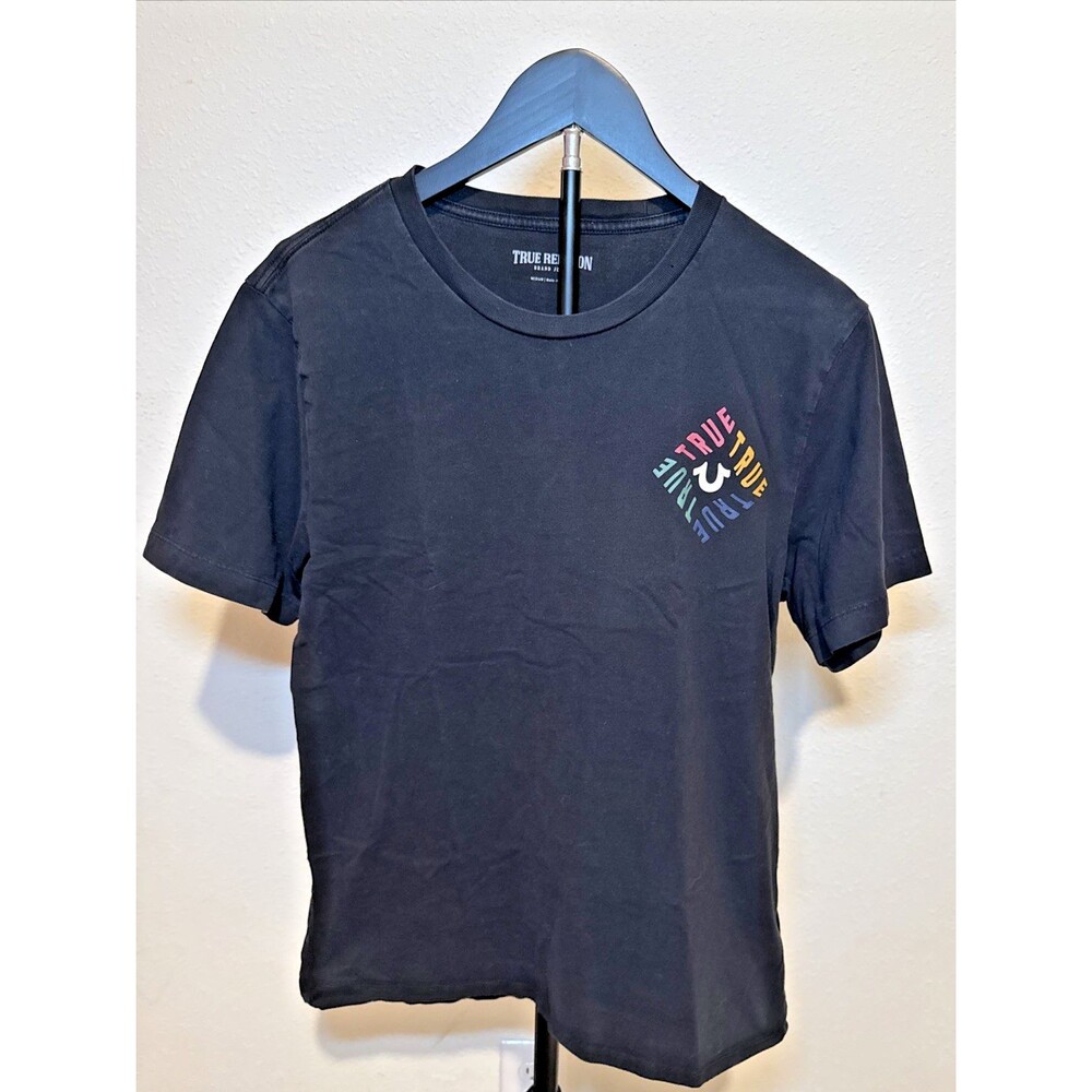 True Religion Mens M Swirl Horseshoe Graphic T Shirt Washed Black Multicolor